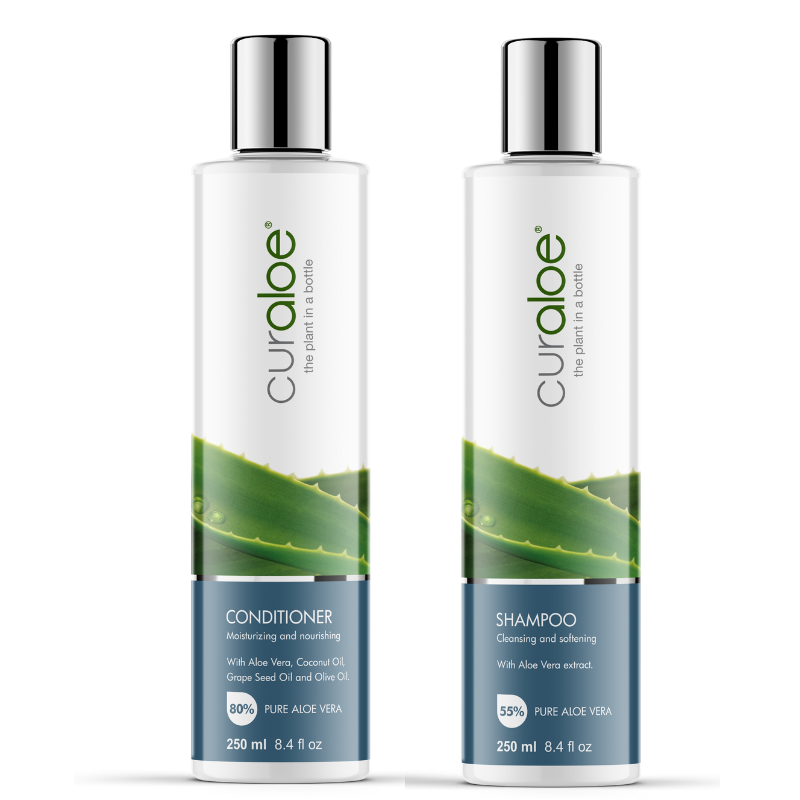 Curaloe Aloe Vera conditioner and shampoo set for healthy, nourished hair