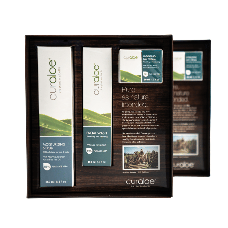 Curaloe gift box holding space for Hydrating Day Cream, Facial Wash